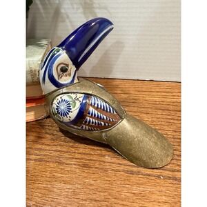 Vintage Tonala Toucan Figurine Hand Painted Ceramic Brass Mexican Folk Art